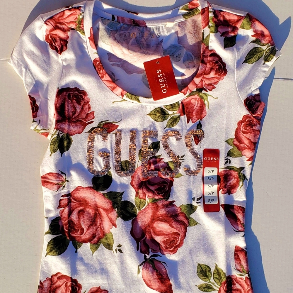 Guess White top with Roses design (size small)